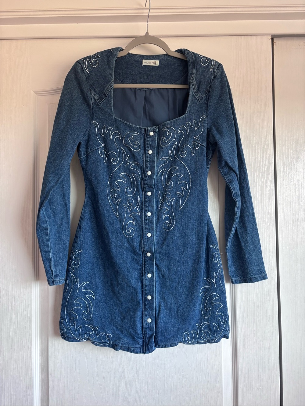Embroidered Button-Front Denim Dress
